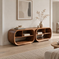 Open tv stand with two rounded capsule frames and shelves in a Scandinavian living room with white walls