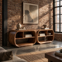 Open tv stand with two rounded capsule frames and shelves in an industrial loft living room with exposed brick