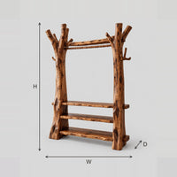 Open Wardrobe With Tree Trunk Posts And Plank Shelves dimension diagram with width, height and depth