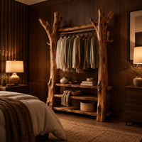 Open wardrobe with tree trunk posts, a hanging rail and three plank shelves in an evening bedroom with walnut wall paneling