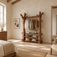 Open wardrobe with tree trunk posts, a hanging rail and three plank shelves in a bright open plan bedroom