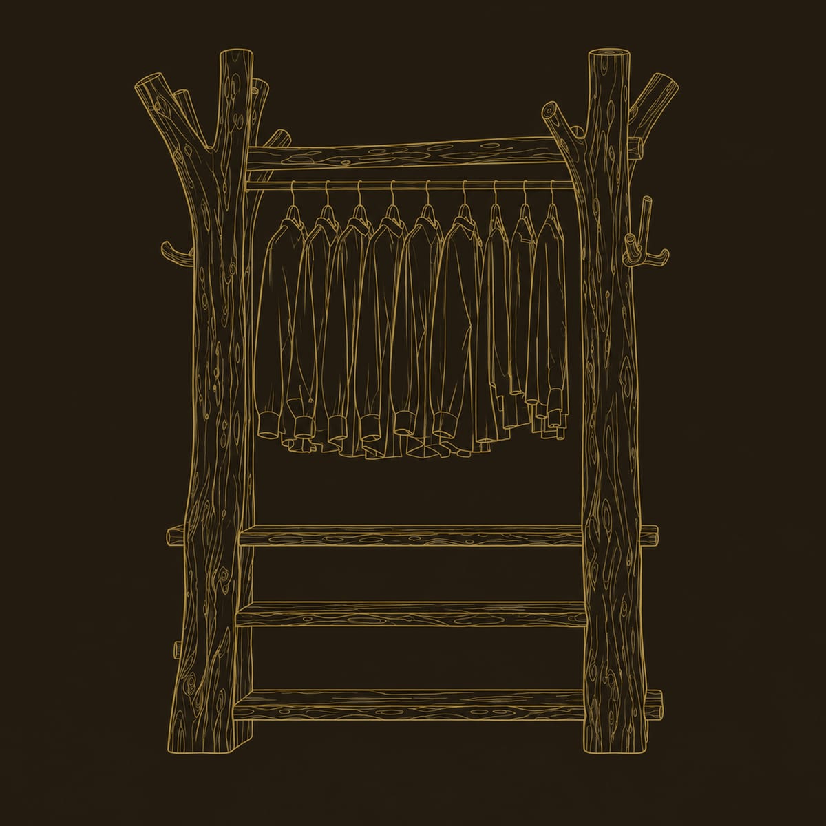 Open Wardrobe With Tree Trunk Posts And Plank Shelves dimension diagram