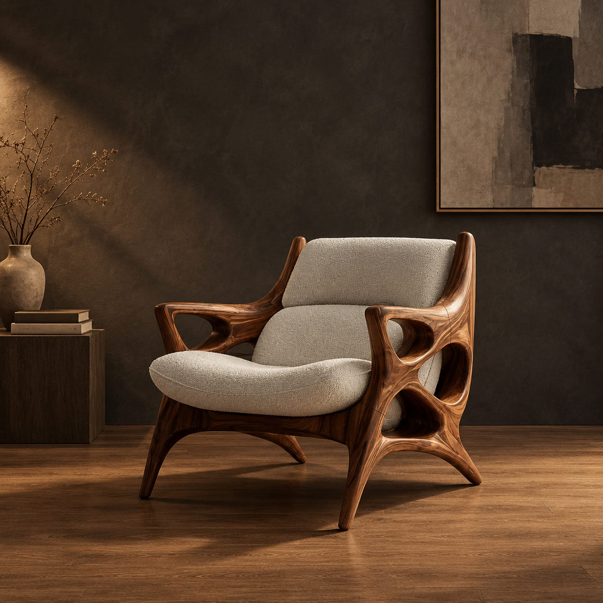 Openwork wooden lounge chair with hollowed arms and splayed legs in a dark studio against a charcoal plaster wall