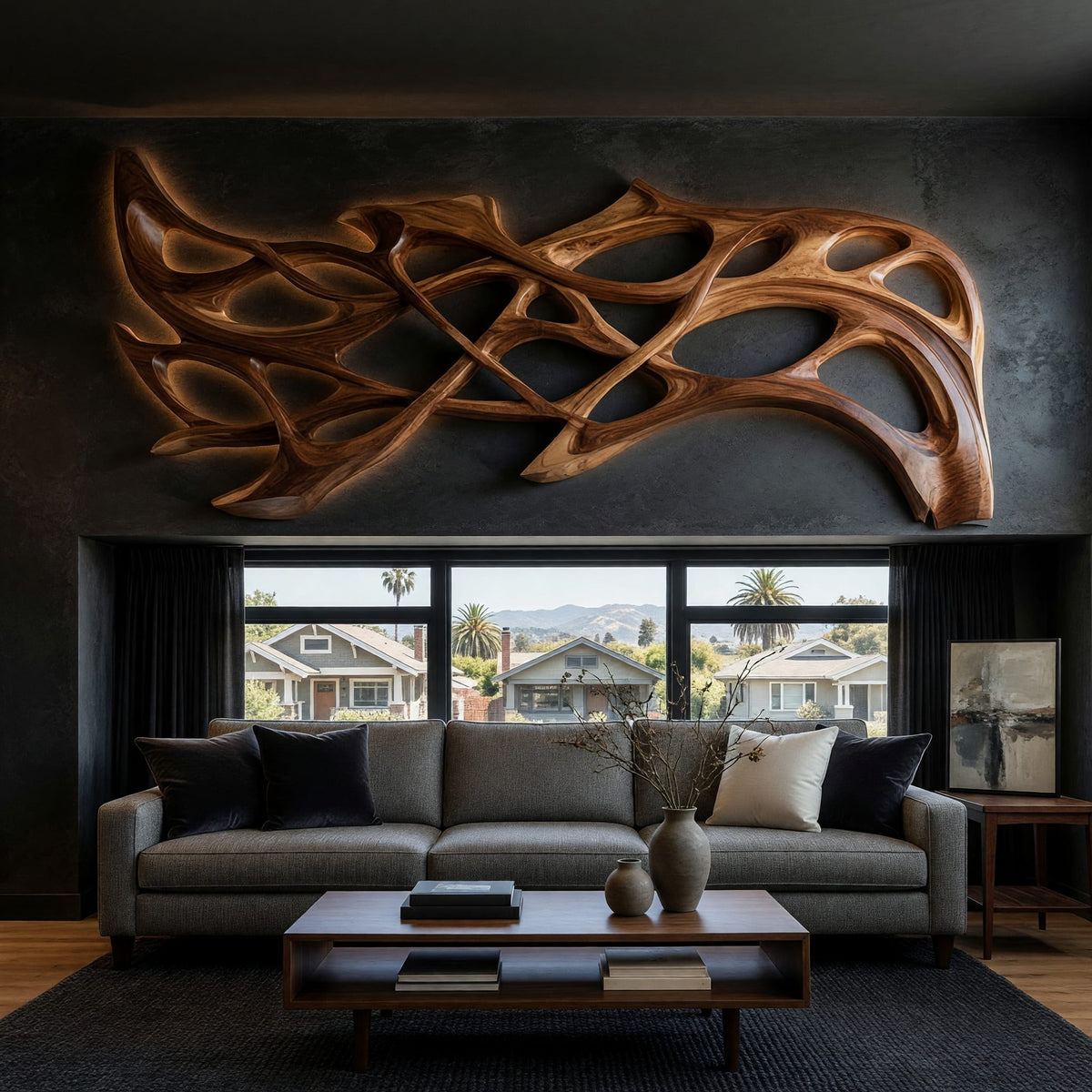 Hand carved organic openwork wooden wall sculpture on a dark charcoal plaster wall