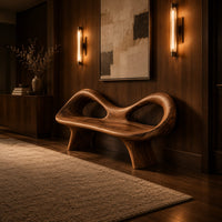 Organic wooden bench with a raised rim, two oval cutouts and tapered legs in an evening entryway with walnut wall paneling