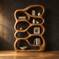 Open bookshelf with rounded pebble shaped compartments in a dark studio against a charcoal plaster wall