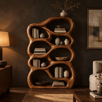 Open bookshelf with rounded pebble shaped compartments in a dark living room at golden hour