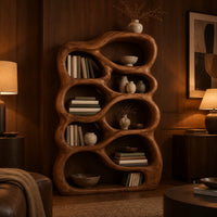 Open bookshelf with rounded pebble shaped compartments in an evening living room with walnut wall paneling