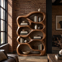 Open bookshelf with rounded pebble shaped compartments in an industrial loft living room with exposed brick