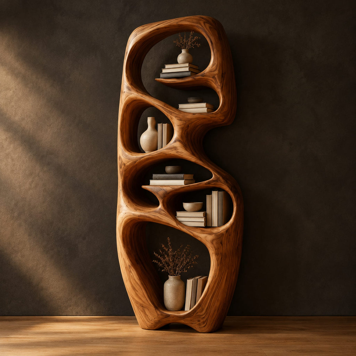 Tall organic wooden bookshelf with uneven oval shelf pockets in a dark studio against a charcoal plaster wall