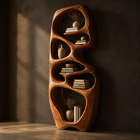 Tall organic wooden bookshelf with uneven oval shelf pockets, three-quarter view showing the grain