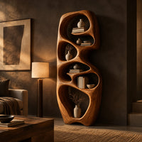 Tall organic wooden bookshelf with uneven oval shelf pockets in a dark living room at golden hour