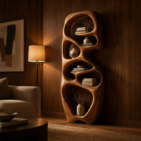 Tall organic wooden bookshelf with uneven oval shelf pockets in an evening living room with walnut wall paneling