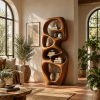 Tall organic wooden bookshelf with uneven oval shelf pockets in a bright living room with arched windows and plants