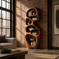 Tall organic wooden bookshelf with uneven oval shelf pockets in an industrial loft living room with exposed brick
