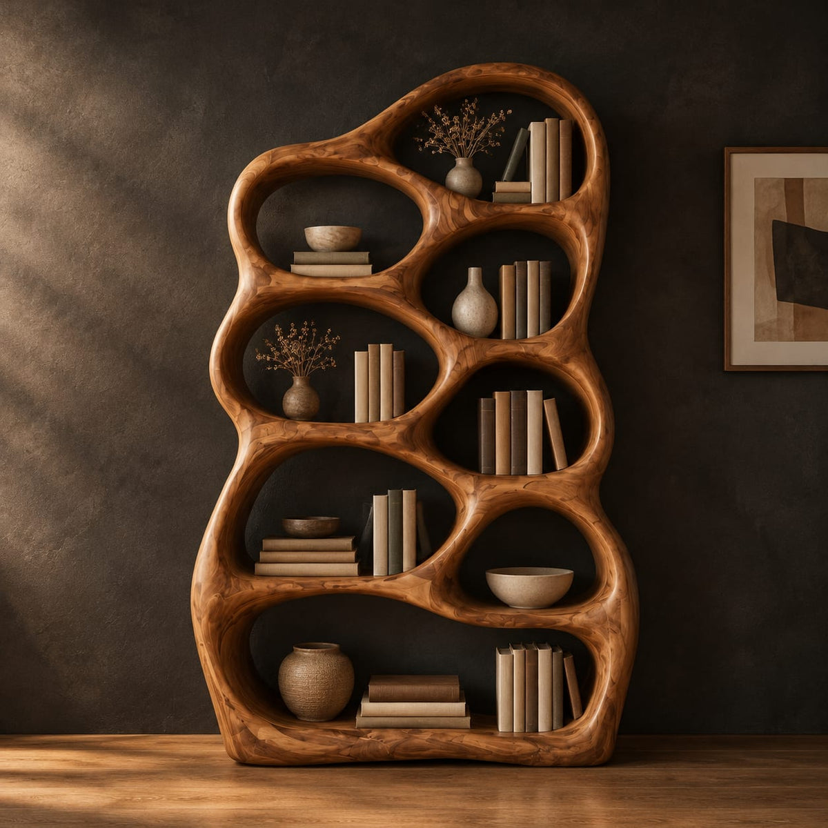 Organic bookshelf with wavy outline and oval cubbies in a dark studio against a charcoal plaster wall