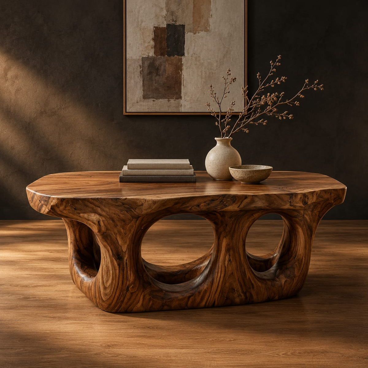 Coffee table with round porthole openings in a solid base in a dark studio against a charcoal plaster wall