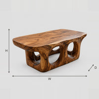 Organic Coffee Table with Porthole Openings in the Base dimension diagram with width, height and depth