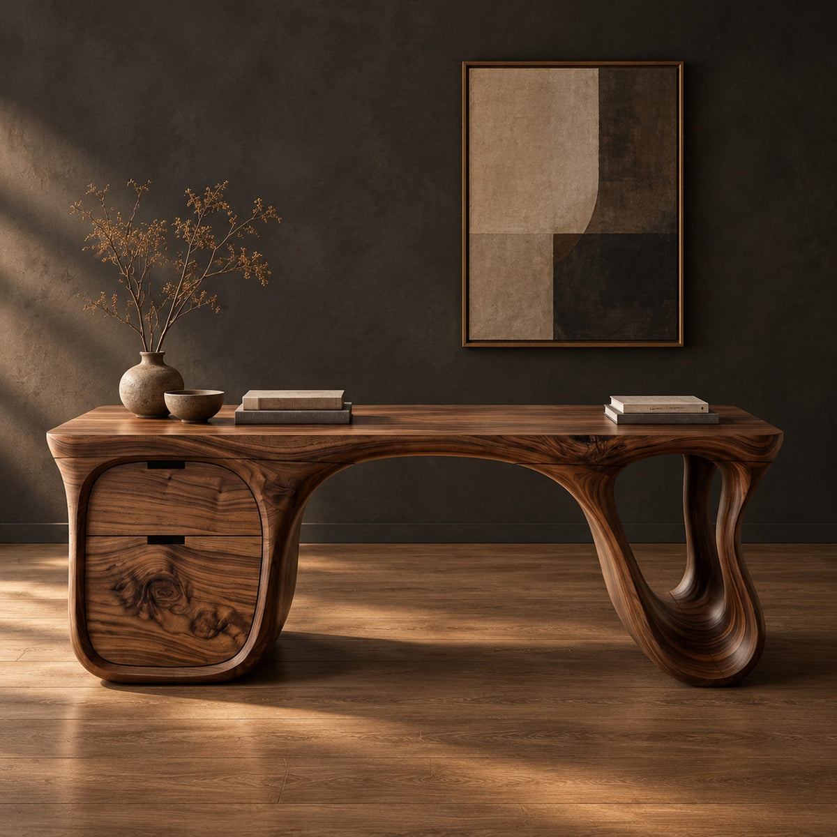 Desk with a flowing top, two drawer block and open loop leg in a dark studio against a charcoal plaster wall