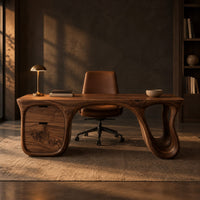 Desk with a flowing top, two drawer block and open loop leg in a dark home office at golden hour