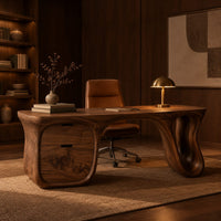 Desk with a flowing top, two drawer block and open loop leg in an evening home office with walnut wall paneling