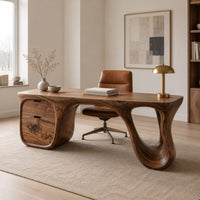 Desk with a flowing top, two drawer block and open loop leg in a Scandinavian home office with white walls