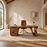 Desk with a flowing top, two drawer block and open loop leg in a bright open plan home office