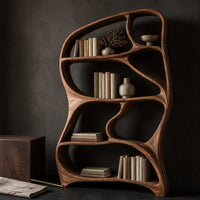 Corner detail of tall freeform wooden bookshelf with a flowing frame and irregular open shelves beside wood, brass and linen samples