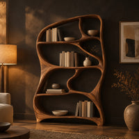 Tall freeform wooden bookshelf with a flowing frame and irregular open shelves in a dark living room at golden hour