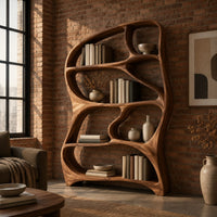 Tall freeform wooden bookshelf with a flowing frame and irregular open shelves in an industrial loft living room with exposed brick