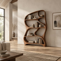 Tall freeform wooden bookshelf with a flowing frame and irregular open shelves in a bright open plan living room