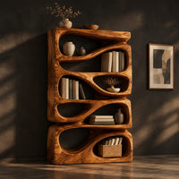 Stacked bookshelf with flowing teardrop shaped openings, three-quarter view showing the grain
