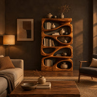 Stacked bookshelf with flowing teardrop shaped openings in a dark living room at golden hour