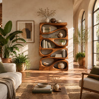 Stacked bookshelf with flowing teardrop shaped openings in a bright living room with arched windows and plants