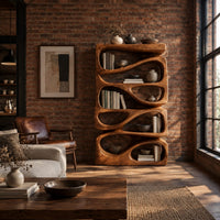Stacked bookshelf with flowing teardrop shaped openings in an industrial loft living room with exposed brick
