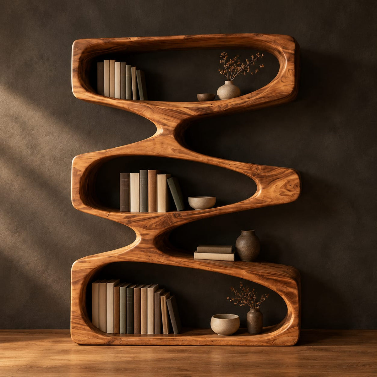 Bookshelf of three stacked open loops with pinched waists in a dark studio against a charcoal plaster wall