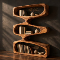 Bookshelf of three stacked open loops with pinched waists, three-quarter view showing the grain
