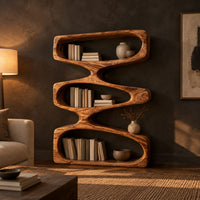 Bookshelf of three stacked open loops with pinched waists in a dark living room at golden hour