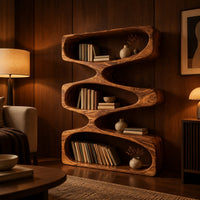 Bookshelf of three stacked open loops with pinched waists in an evening living room with walnut wall paneling