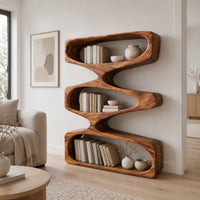 Bookshelf of three stacked open loops with pinched waists in a Scandinavian living room with white walls