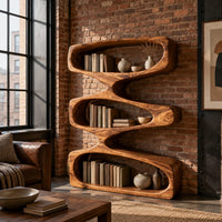 Bookshelf of three stacked open loops with pinched waists in an industrial loft living room with exposed brick