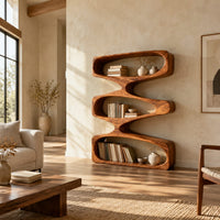 Bookshelf of three stacked open loops with pinched waists in a bright open plan living room