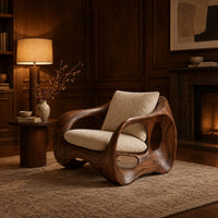 Wraparound lounge chair with open loop sides and arched base in an evening living room with walnut wall paneling