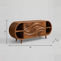 Oval Bathroom Vanity With Carved Wave Doors And Open End Shelves dimension diagram with width, height and depth