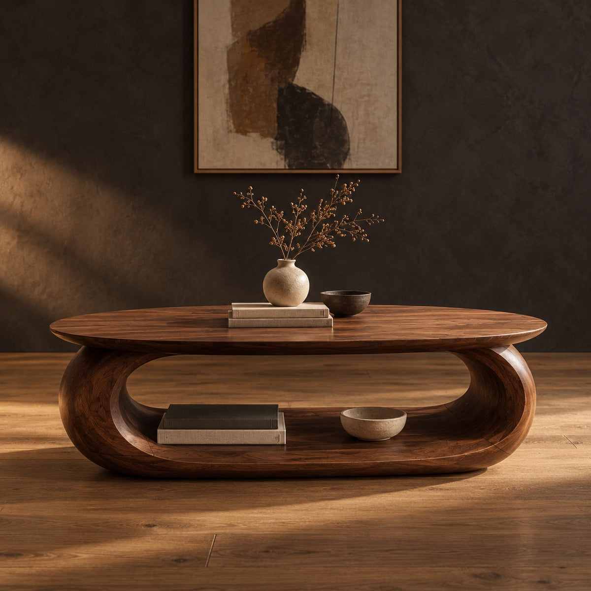 Oval coffee table on a thick pill shaped loop base with an open middle in a dark studio against a charcoal plaster wall