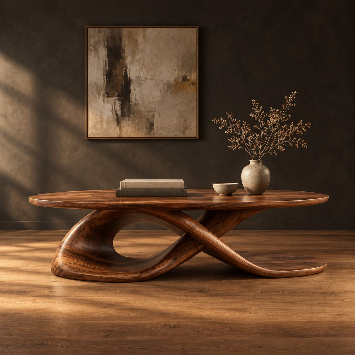 Oval coffee table on a twisting ribbon base with an open loop in a dark studio against a charcoal plaster wall