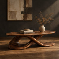 Oval coffee table on a twisting ribbon base with an open loop, three-quarter view showing the grain