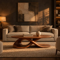 Oval coffee table on a twisting ribbon base with an open loop in a dark living room at golden hour