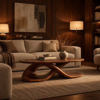 Oval coffee table on a twisting ribbon base with an open loop in an evening living room with walnut wall paneling