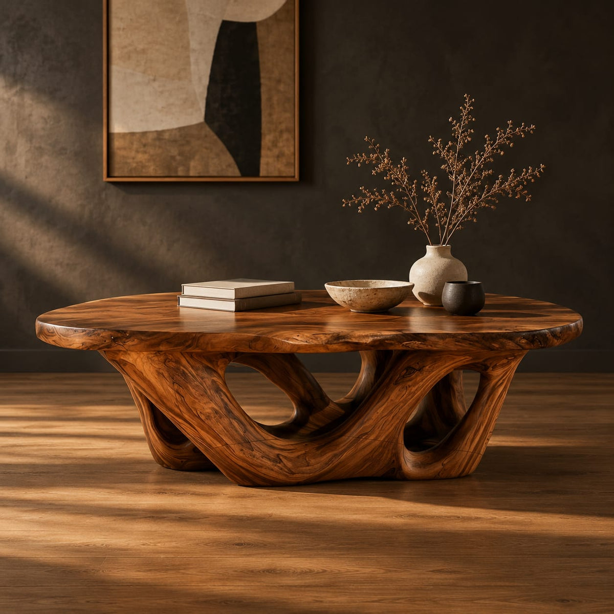 Oval coffee table on an interlaced base with open loops in a dark studio against a charcoal plaster wall